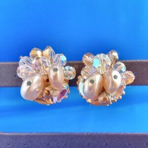 Vintage mid century cluster clip on earrings AB crystals,rhinestone, faux pearls